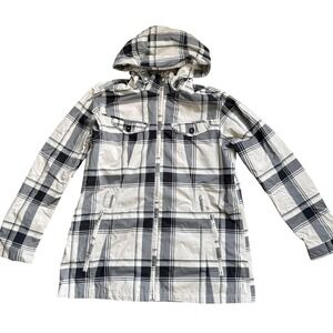 The North Face HyVent Plaid Rain Jacket Womens XL Cream Black Hooded Parka